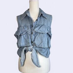 Vintage Hyper Women’s M Ruffle Denim Cropped Top Button Up Western‎ Boho